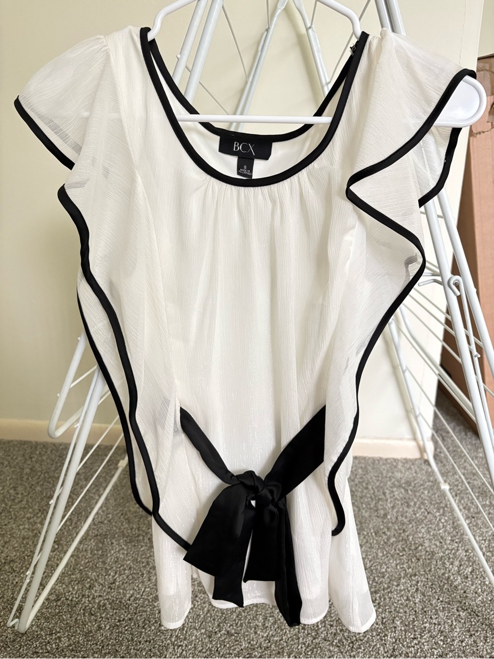 BCX White Blouse with Black Trim and Waist Tie